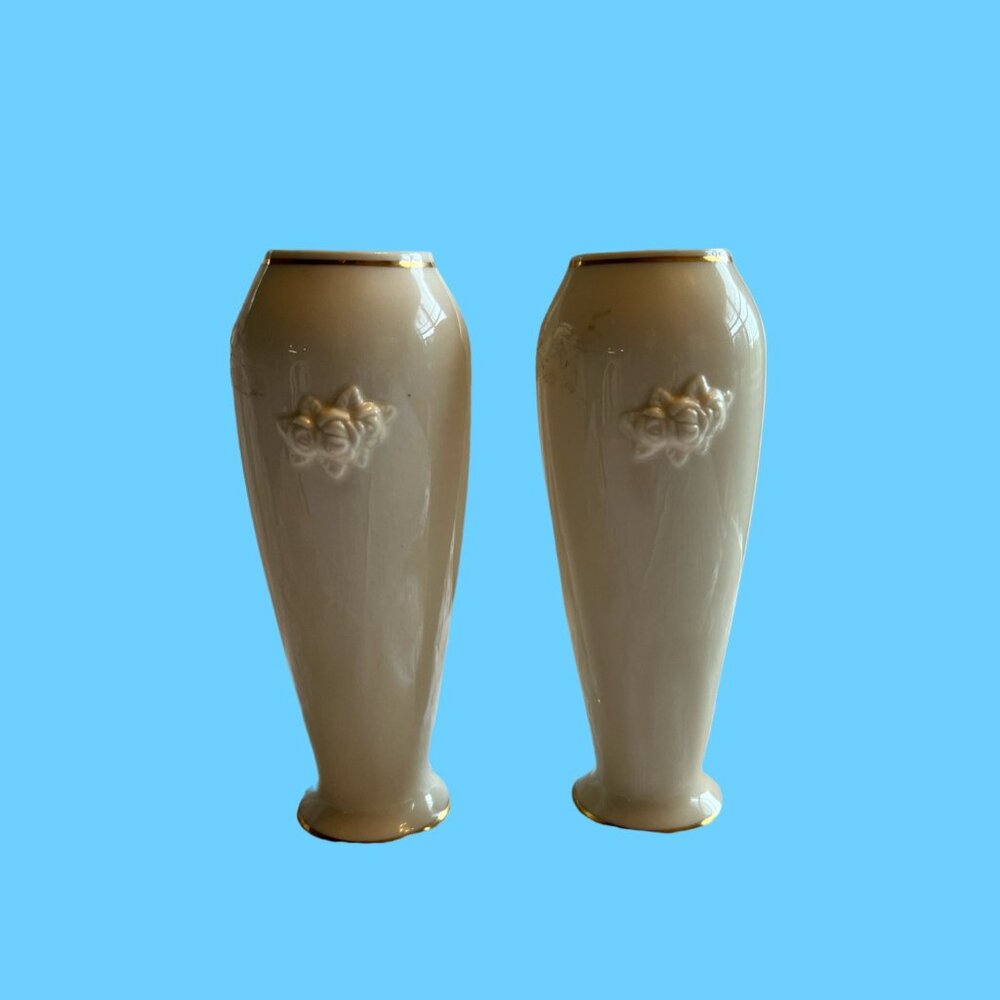 Lenox pair of rose bud vases, 6 inches high, ivory color & gold trim